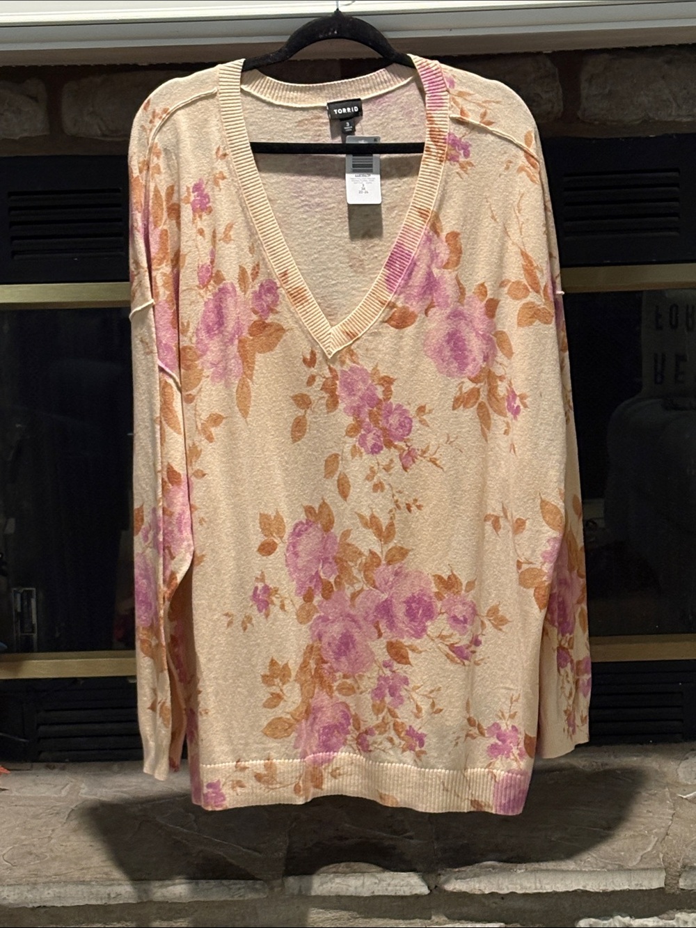 torrid Cream V-Neck Sweater with Pink and Tan Floral Design